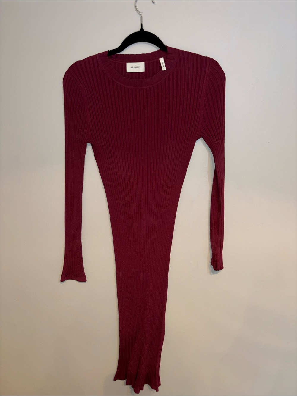 St. John Long-Sleeve Burgundy Ribbed Knit Dress